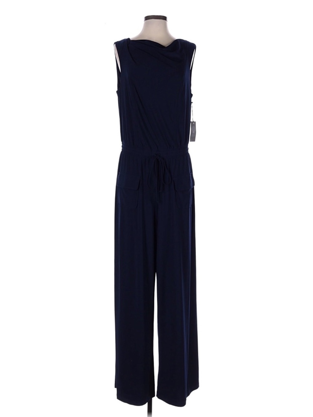 Vince Camuto Sleeveless Navy Drawstring-Waist Wide-Leg Jumpsuit